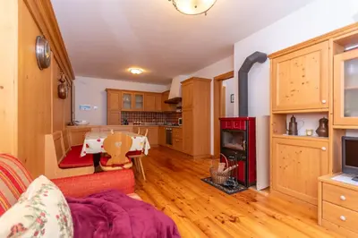 a kitchen and living room with a couch and a fireplace at Residence Molin in Rocca Pietore