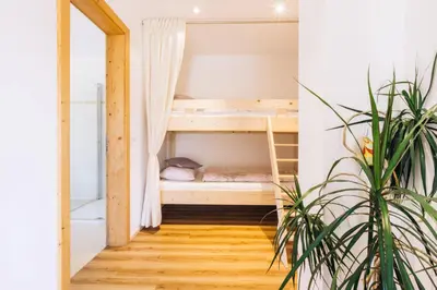 a room with bunk beds and a potted plant at Stimpflhof in Aldino