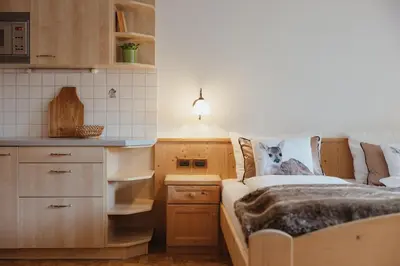 a bedroom with a bed and a kitchen with a counter at Oberaldoss Residence Wellness in Santa Cristina in Val Gardena
