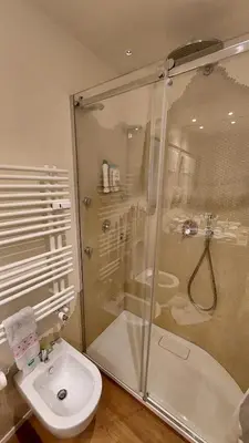 a bathroom with a shower and a toilet and a sink at Relax Home Fie' allo Sciliar - Alpe di Siusi Val Gardena in Fiè