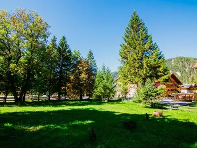 a grassy field with trees and a lodge at Apartment Cesa Minach-1 by Interhome in Alba di Canazei