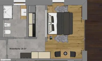 a floor plan of a room with a bed at Appartements Pedescin in Ortisei