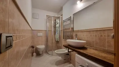 a bathroom with a sink and a toilet and a shower at Alex in Campitello di Fassa