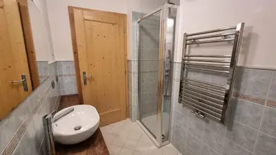 a bathroom with a toilet and a shower and a sink at Alex in Campitello di Fassa