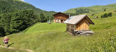a person walking in a field next to a wooden house at App. Lino nel cuore di Ortisei - casa dell'800 in Ortisei