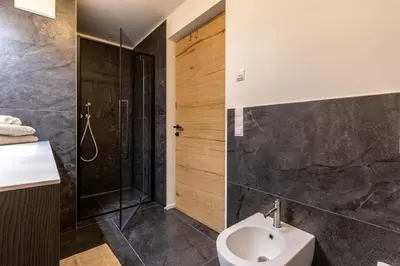 a bathroom with a shower and a toilet and a sink at Casa Erika in San Lorenzo di Sebato