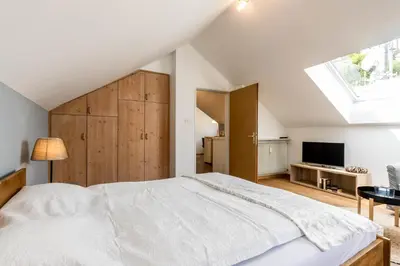 a bedroom with a large white bed and a skylight at Central Attic - City view in Brunico