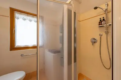 a shower with a glass door in a bathroom at Dolomitihouse FAGHER in Fiera di Primiero