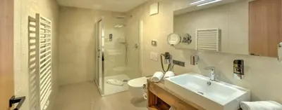 a bathroom with a sink and a toilet and a shower at SchartnerAlm in Collalbo