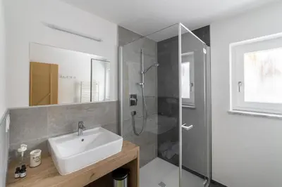 a bathroom with a sink and a shower with a glass door at Apartments Gasser in Rasun di Sopra