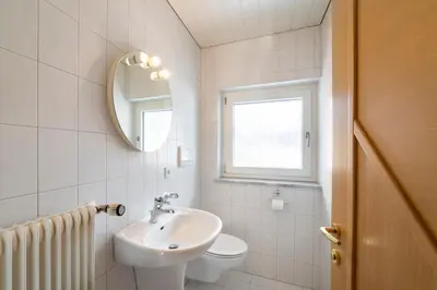 a bathroom with a sink and a toilet and a mirror at Apartments Gasser in Rasun di Sopra