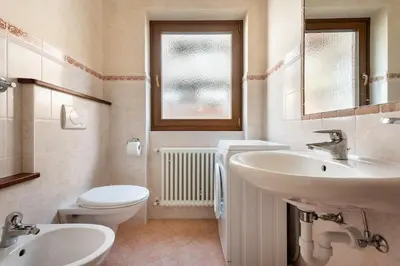 a bathroom with a sink and a toilet and a mirror at Delizioso appartamento trilocale a Moena in Moena