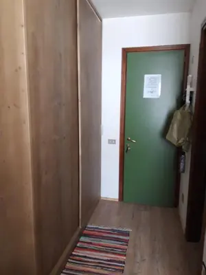 a hallway with a green door and a rug at La tana del Lupo in Falcade