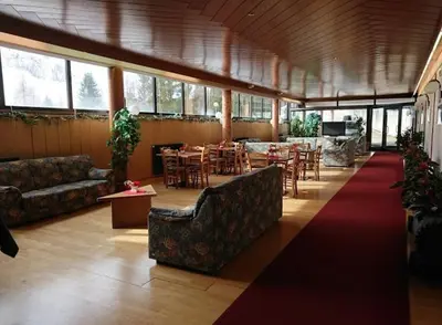a restaurant with tables and chairs and a red carpet at La tana del Lupo in Falcade