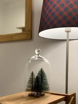 a glass cloche with trees in it next to a lamp at Sylvester Apartment in Riscone