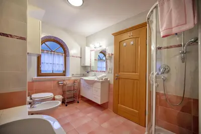 a bathroom with a sink toilet and a shower at Apartment Carolina in Ortisei