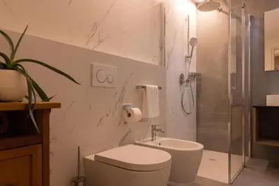 a bathroom with a shower and a toilet and a sink at Apartment Ando in Brunico