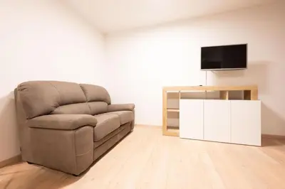 a living room with a couch and a tv at Cesa Meida 2A in Pozza di Fassa