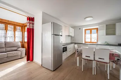 a kitchen with a refrigerator and a table with chairs at Cesa Meida 2A in Pozza di Fassa