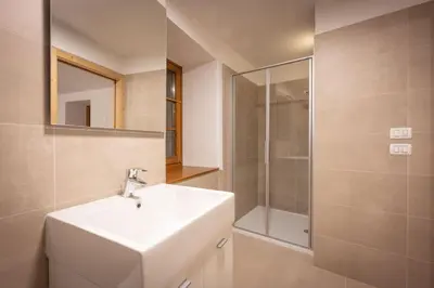 a bathroom with a sink and a shower at Cesa Meida 2B in Pozza di Fassa
