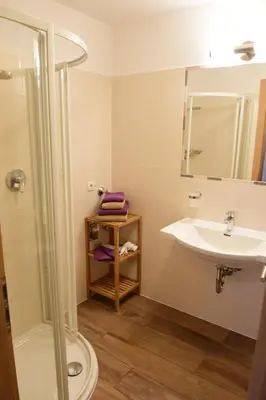 a bathroom with a sink and a shower at Haus Fulterer in Siusi