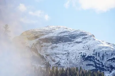 a snow covered mountain with trees in front of it at Rifugio Malga Ra Stua in Cortina dʼAmpezzo