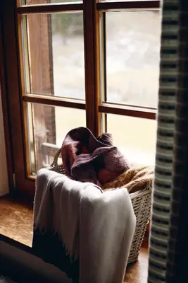 a blanket sitting in a basket in front of a window at Rifugio Malga Ra Stua in Cortina dʼAmpezzo