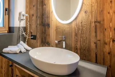 a bathroom with a white bowl sink on a counter at Apartments Ciasa Costisela in San Vigilio Di Marebbe