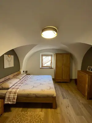 a bedroom with a large bed and a window at Appartamento Gioia di Bosco in Carano