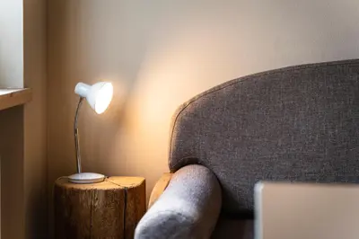 a lamp sitting on a wooden stump next to a couch at Ciasa Buro - Zen in Moena