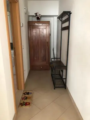 a hallway with a wooden door and a ladder at Appartamento Elisa in Taibon