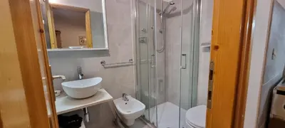 a bathroom with a shower and a sink and a toilet at Contrin in Canazei