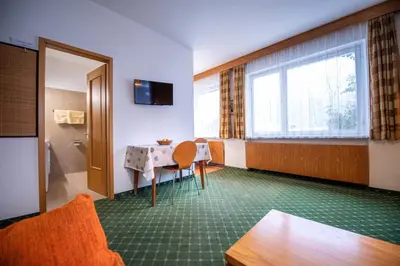 a hotel room with a table and a window at Apartments Karl in Ortisei