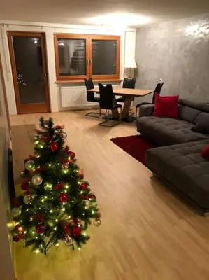 a living room with a christmas tree in a living room at Appartamento nuovo e comfort a Brunico Kronplatz in Brunico