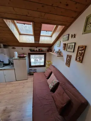 a living room with a brown couch in a room with windows at Appartamento Latemar Predazzo in Predazzo
