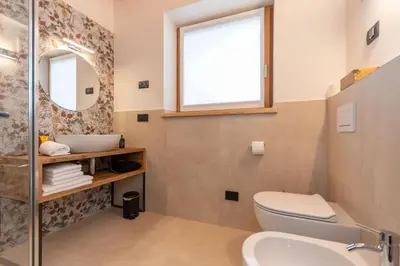 a bathroom with a toilet and a sink at B&B El Lares - B&B L'Avez in Canale dʼAgordo