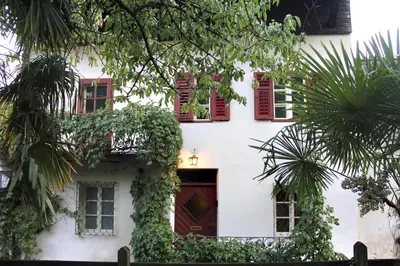 a white house with red shuttered windows and plants at Cirillo Guesthouse in Cortaccia