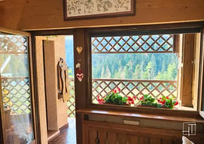 a room with a window with flowers on a balcony at Hometoday - Appartamento nel cuore di San Vito di Cadore in San Vito di Cadore