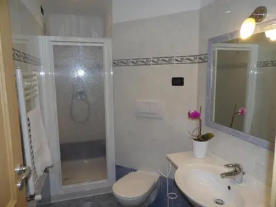 a bathroom with a shower and a toilet and a sink at Ciasa Gran Panorama Moena in Moena