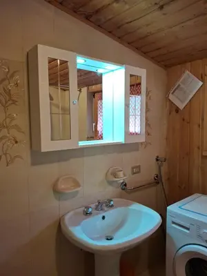 a bathroom with a sink and a mirror at Falcade Dolomiti La Quiete Mansarda panoramica in Fregona