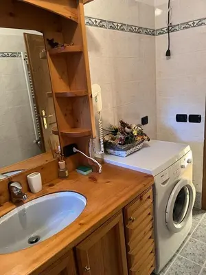 a bathroom with a sink and a washing machine at Casa De Lotto in San Vito di Cadore