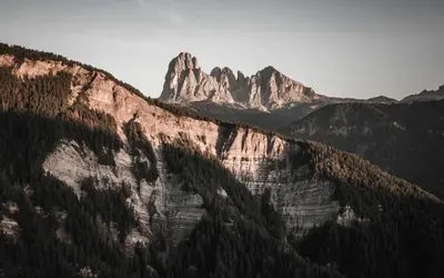a view of a mountain with trees on it at Luxury Chalet Vilaiet in Ortisei