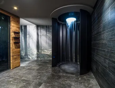 a bathroom with a shower in a room with trees at Luxury Chalet Vilaiet in Ortisei