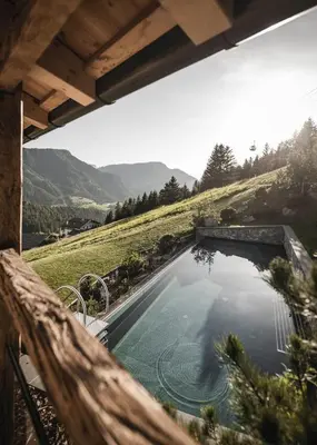 a swimming pool with a view of a mountain at Luxury Chalet Vilaiet in Ortisei