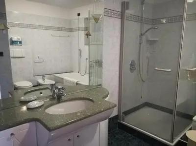 a bathroom with a sink and a shower at Appartamento Flora in Tesero