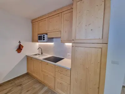 a kitchen with wooden cabinets and a sink at Fraines in Alba di Canazei