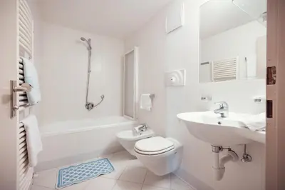 a white bathroom with a toilet and a sink at Hotel Rose Wenzer in Vols am Schlern