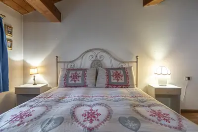 a bedroom with a large bed with hearts on it at DolomiApartments - Casa Margherita in Predazzo
