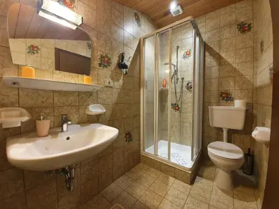 a bathroom with a sink and a shower and a toilet at Haus Ploner in Castelrotto