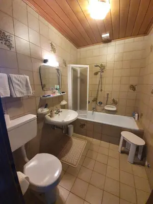 a bathroom with a toilet and a sink and a tub at Haus Ploner in Castelrotto